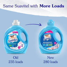 Liquid fabric softener comparison bottles, 235 loads left and 280 loads right, blue