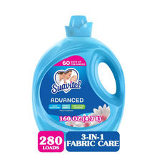Fabric softener bottle, blue with Suavitel Advanced 3-in-1 label and 280 loads badge