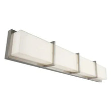 LED vanity light bar with frosted glass panels in a brushed metal frame