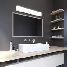 Wall-mounted LED vanity light with illuminated frosted glass panels and metal frame