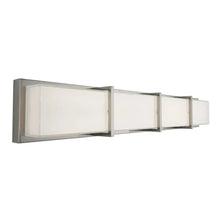 LED vanity light bar with frosted glass panels and brushed metal end housing