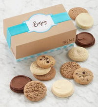 Sugar-free cookie gift box with assortment of round cookies, chocolate, vanilla, and caramel