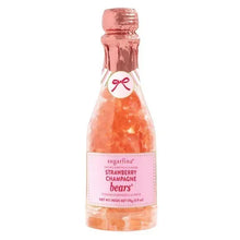 Strawberry champagne bears candy bottle in pink glass with ribbon bow label