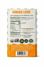 Organic ginger love cold-pressed juice carton, orange front nutrition label.