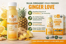 Organic ginger love cold-pressed juice bottles with vitamin C and cold-pressed icons.