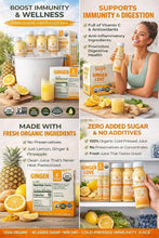 Organic ginger love cold-pressed juice bottles and nutrition facts panel, 6-count.