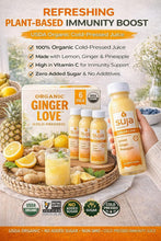Organic ginger love cold-pressed juice 6-pack bottles with USDA organic label.