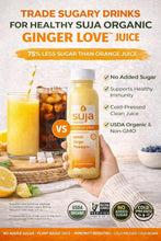 Organic ginger love cold-pressed juice bottle with label and sugar-reduction icons.