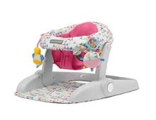 Adjustable 2-position baby floor seat with pink and geometric patterned cushion