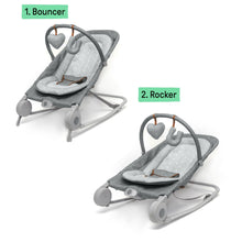 2-in-1 baby bouncer and rocker shown in upright bouncer and reclined rocker positions
