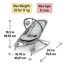 Heather gray baby bouncer and rocker with toy bar and geometric patterned seat pad