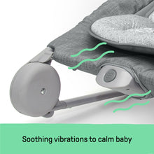 Close-up of heather gray bouncer base with side vibration control and stabilizer wheel