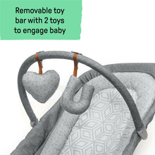 Removable toy bar with two plush toys on heather gray baby bouncer/rocker seat