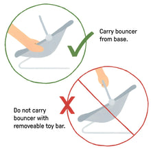 2-in-1 baby bouncer guidance showing carry by base and not by removable toy bar