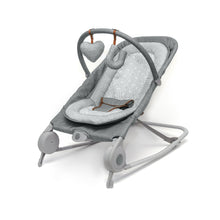 2-in-1 baby bouncer and rocker in heather gray with toy bar and patterned seat pad