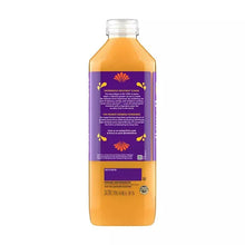 100% mandarin juice bottle, back view with purple label panel and clear cap