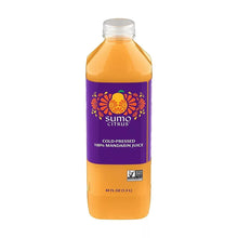 100% mandarin juice bottle, 44 fl oz, orange liquid with purple label and cap