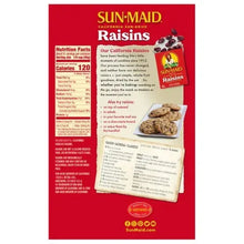 Sun-Maid raisins box back with nutrition facts and serving information
