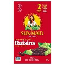 Sun-Maid raisins box front, 2 bags totaling 4.5 lbs, California sun-dried