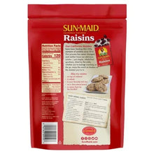 Sun-Maid raisins bag back with nutrition facts, barcode, and serving info