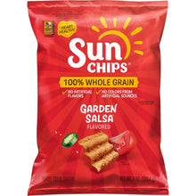SunChips whole grain garden salsa snack chips bag, red front with chip graphics