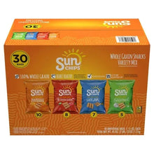 Whole grain snack variety mix box front with 30 bags and flavor icons