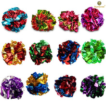 Set of multicolor mylar crinkle balls for cats, arranged in rows