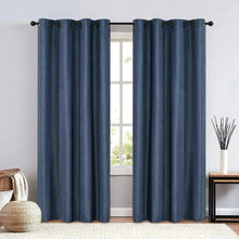 Blue blackout curtain panels, grommet top, pleated linen-textured fabric