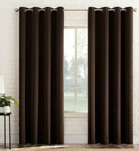 Blackout curtain panels with grommet top, dark brown/black, hanging side by side