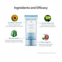 Light blue sunscreen tube with white label, centered with ingredient callouts