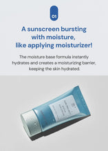 Light blue sunscreen tube angled, with water droplet graphics on packaging