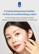 Woman's face with white sunscreen cream dot on cheek, fingers applying