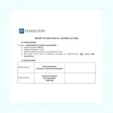 Printed report document with signatures and analysis details on sunscreen
