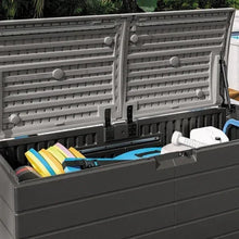 Large deck storage box with lid open, dark gray walls, slatted interior compartment.