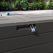 Deck storage box lid lock latch and hasp, dark gray plastic body.