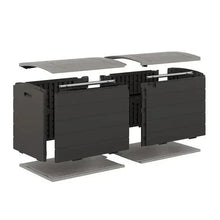 Large deck storage box with split lids fully open, dark gray plastic, support stands.