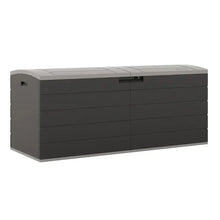 Large split-lid deck storage box, dark gray plastic, rectangular design.