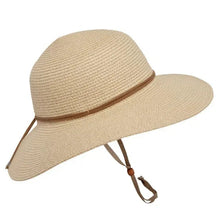 Beige woven sun hat with wide brim and chin strap, brown trim.