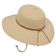 Beige wide-brim sun hat with stitched crown and adjustable chin cord.
