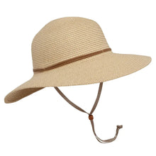 Beige woven sun hat with wide brim and adjustable neck strap, brown accents.