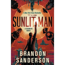 Paperback novel book cover with red-orange skyline, silhouetted figures, title Sunlit Man