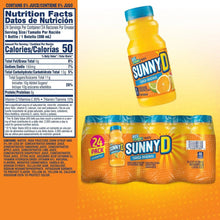 SunnyD Tangy Original bottle with Nutrition Facts panel and 24-pack carton
