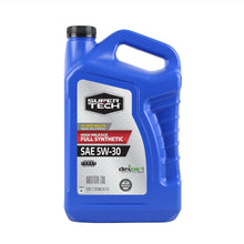 Blue motor oil jug, Super Tech full synthetic SAE 5W-30, high mileage 5 quart