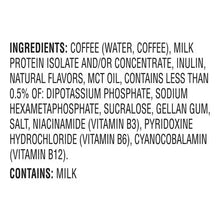 Protein shake ingredients label, lists coffee, milk protein isolate, and flavors