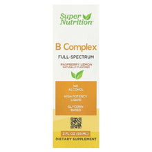 Super Nutrition B Complex liquid dietary supplement box label, raspberry lemon flavor