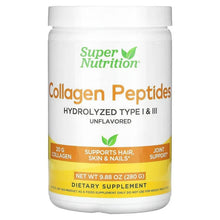 Collagen peptides supplement jar, unflavored powder, white bottle with green label and cap