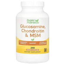 Glucosamine, Chondroitin & MSM supplement bottle with 240 veggie capsules label