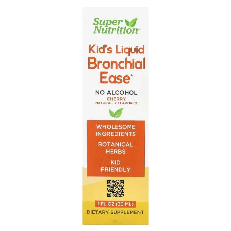 Super Nutrition, Kid's Liquid Bronchial Ease with Lovage Root, Fresh Yerba Santa Leaf, Licorice Root, and Mullein Leaf, No Alcohol, Cherry, 1 fl oz (30 ml)
