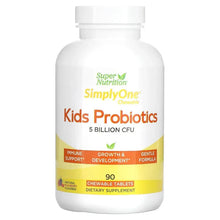 Kids probiotics supplement bottle, white with yellow label and 90 chewable tablets text