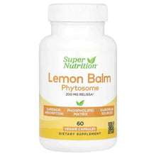 Lemon balm phytosome supplement bottle, 200 mg label with 60 veggie capsules